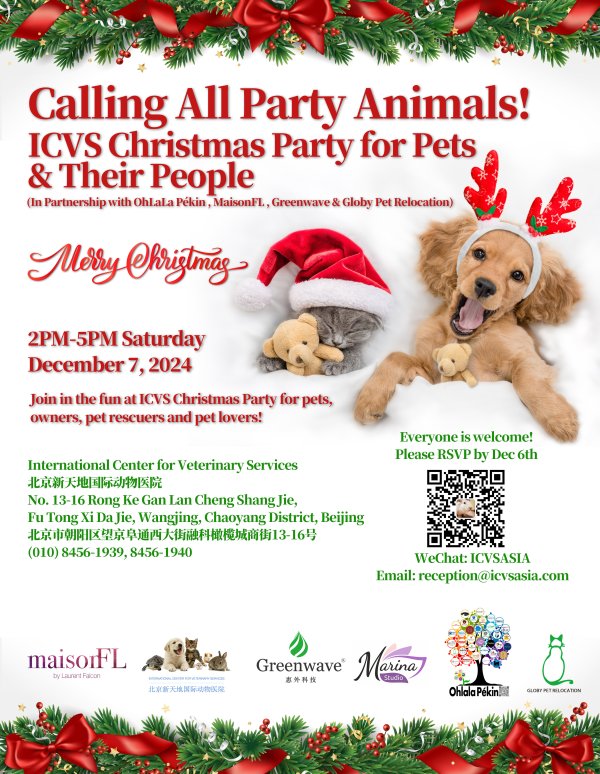 YOU are invited to the ICVS Christmas Party for Pets & Their People on Dec. 7th! Everyone and their pets are welcome! 