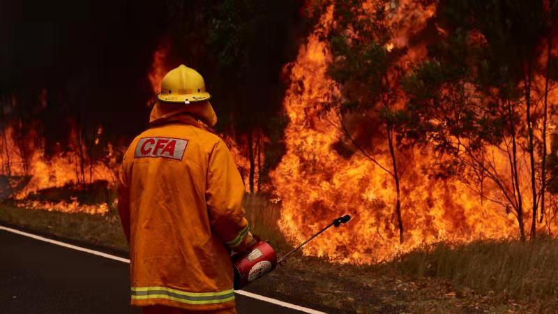 A firefighter looks on as flames blaze through the bush